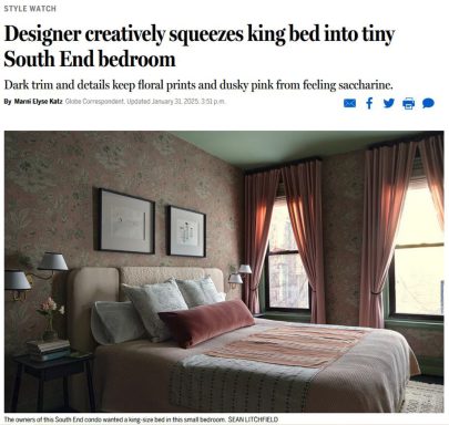 "Designer's bedroom - The Boston Globe. Graphic black and white ink drawings by Mayumi Yamakawa complement the swirling floral backdrop....